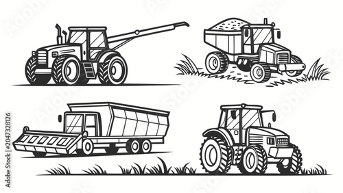 Set of four agricultural farm tractors and harvesting machinery sketches