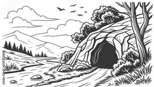Wild mountain cave entrance landscape line art illustration with mountain