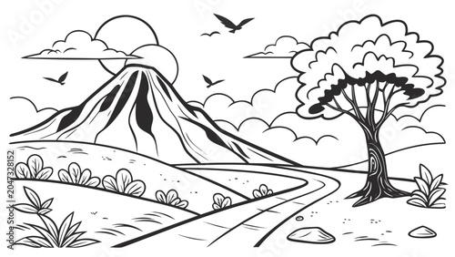 Landscape drawing of mountain scenery with tree and road landscape mountain