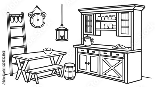 Rustic farmhouse kitchen interior with furniture line art farmhouse furniture