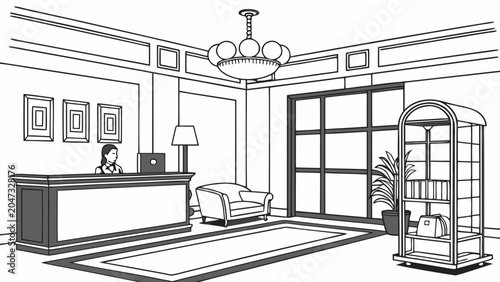 Modern hotel reception lobby interior line art illustration with reception