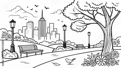 City park landscape with cityscape background line art illustration, landscape