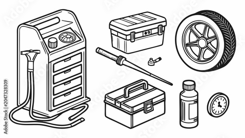 Black and white line art set of automotive workshop and garage equipment