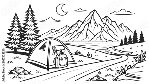 Camping scene with tent mountains and pine trees line art illustration, outdoors