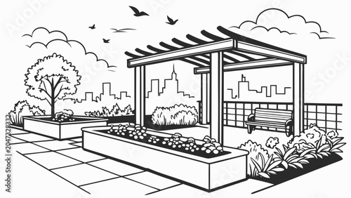Black and white line art illustration of an outdoor rooftop terrace garden