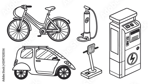 Urban transportation icons set with bicycle electric car and charging station