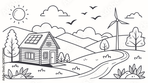 Eco friendly house with solar panels and wind turbine sustainable environment