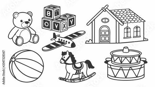Set of assorted children toys outline illustration with children, airplane