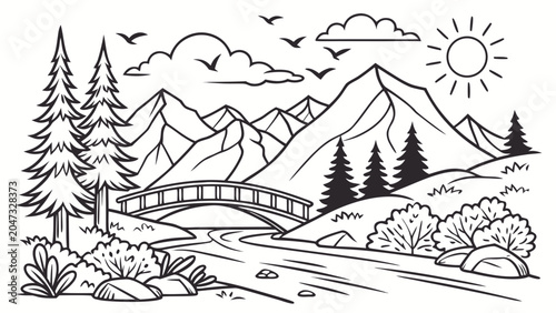 Mountain river landscape outline illustration with mountain landscape peaceful