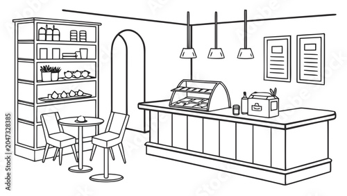 Modern cafe interior with seating and counter interior furniture products