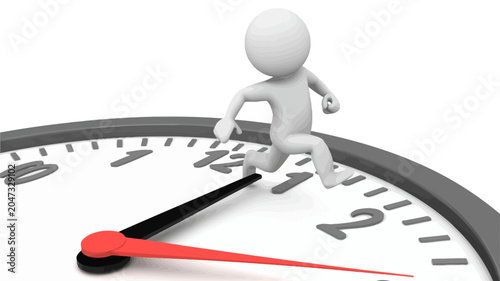 Time Crunch Sprint: A 3D white figure sprints across the face of a large clock, symbolizing the urgency and pressure of a tight deadline. The red second hand races towards the '12'.