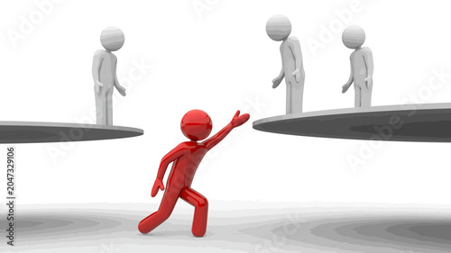 Bridging the Divide: A lone red figure extends a hand to help two white figures across a chasm, symbolizing connection, support, and overcoming obstacles in a minimalist 3D representation.