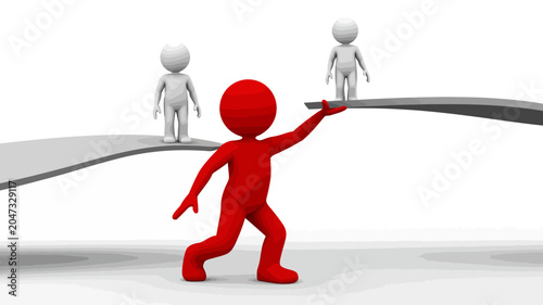 Teamwork Bridge: A determined red figure holds a bridge steady for two white figures to cross, symbolizing collaboration and support in overcoming obstacles.