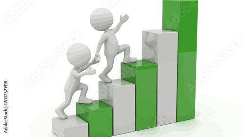 Cooperation for Growth: Two stylized figures ascend a rising bar chart, one reaching down to help the other, symbolizing collaboration and progress towards success.