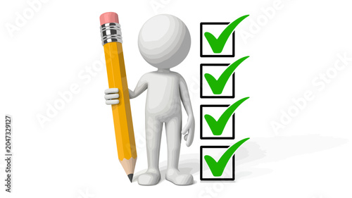 Checklist Master: A 3D white figure holds a giant pencil next to a checklist with four completed tasks, symbolizing completion and productivity.
