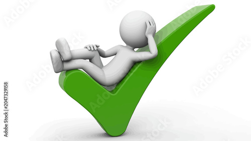 Relaxed on a Checkmark: A stylized 3D figure lounges comfortably on a large green checkmark, symbolizing relaxation, ease, and successful completion.