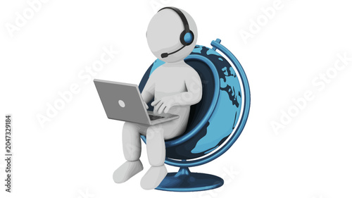 Global Communication Specialist: A stylized white figure with headphones and a microphone sits on a globe, engrossed in typing on a laptop, symbolizing worldwide connectivity and customer support.