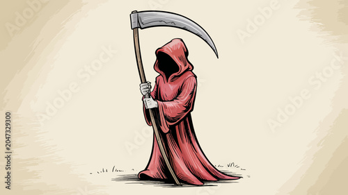Grim Reaper Illustration: A stylized illustration of the Grim Reaper, cloaked in a flowing red robe and wielding a scythe, stands ominously against a textured, parchment-like background.
