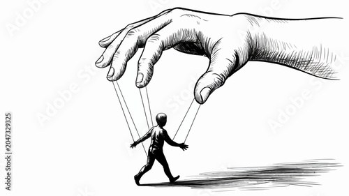 Puppet Master Hand Controlling Figure: An illustrated scene depicts a giant hand pulling the strings of a small human-like puppet, symbolizing control and manipulation.