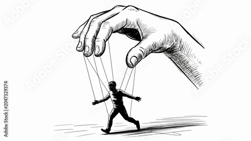 Puppet Master's Grip: An illustration depicts a large hand manipulating a small human figure with strings, symbolizing control and lack of free will.