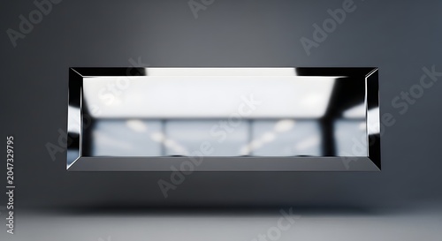 A sleek rectangular chrome frame with reflective surfaces and sharp beveled edges presented in a clean minimalist studio style setting