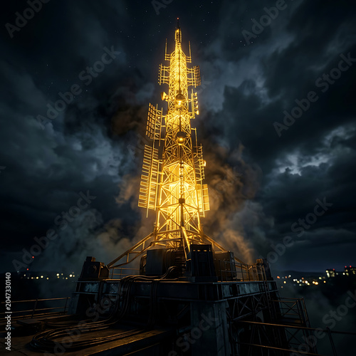 Illuminated Communication Tower at Night with Dramatic Cloudscape