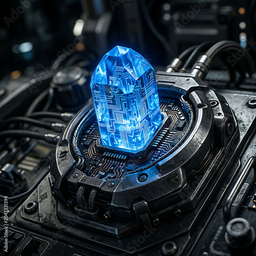 Futuristic Glowing Blue Crystal Integrated into Advanced Technology Equipment