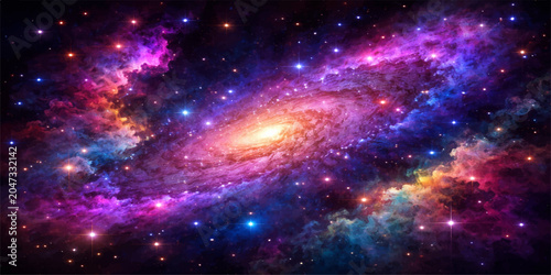 Quadro su tela An abstract space background of a dark galaxy and glowing nebula, where stars an