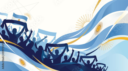 Quadro su tela Argentina soccer fans cheering with flags and scarves, vector illustration