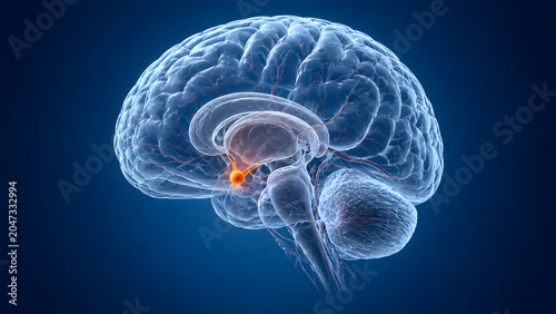 Human brain anatomy with highlighted hypothalamus