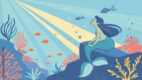 Schilderij op canvas Cartoon mermaid sitting on underwater rock reef with sun rays and tropical fish