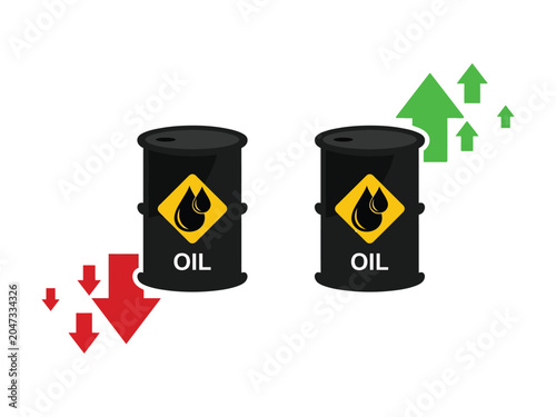 Photography Conceptual illustration of fluctuating oil prices with barrels and directional a