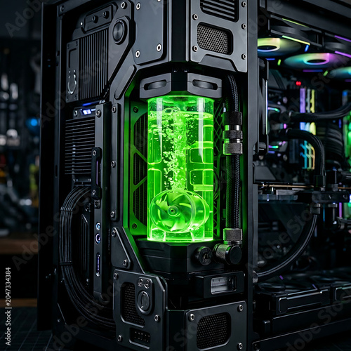 High-performance custom PC build with vibrant green liquid cooling system
