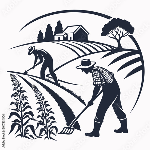 Tableau sur toile Farmers working in a field with a house and trees in the background, agriculture