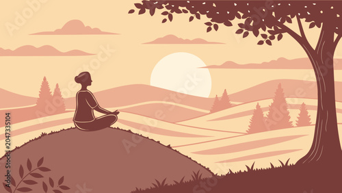 Woman practicing yoga meditation at sunrise in landscape with meditation