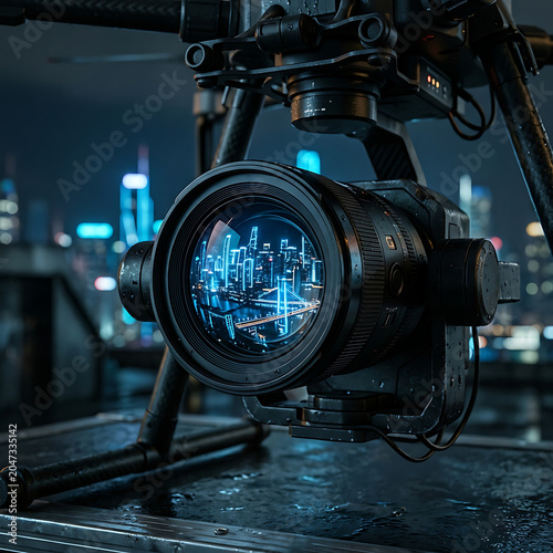 Drone with camera capturing city skyline at night
