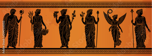 Tableau sur toile Ancient Greek goddesses Eos, Demeter, Hera, Athena and Nike with Dionysus