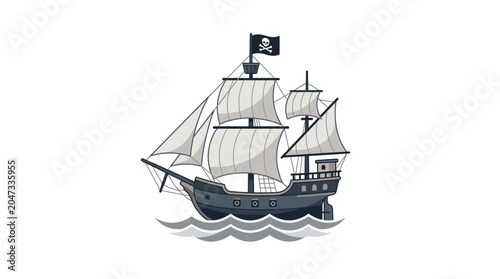 Foto Pirate Ship Sailing on Wavy Sea with Jolly Roger Flag