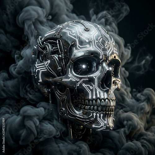 Futuristic Cybernetic Skull Emitting Smoke