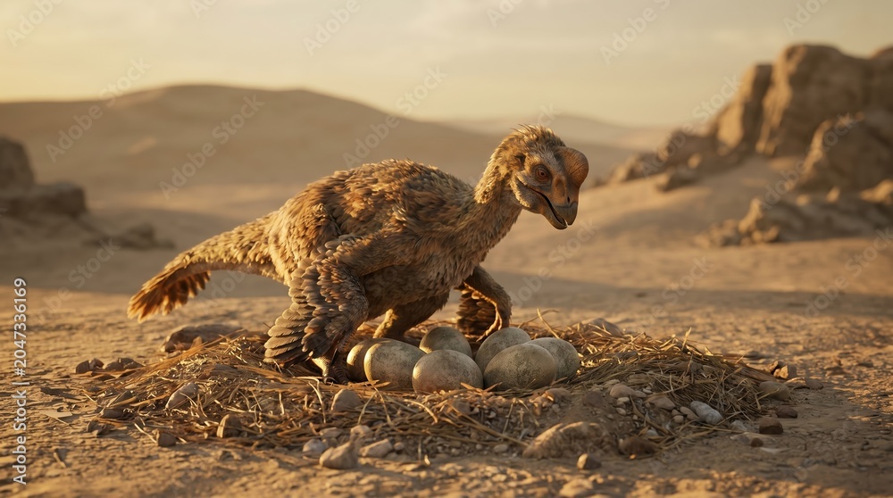 Fototapeta premium Oviraptor dinosaur brooding on nest of eggs in prehistoric desert landscape, realistic 3D render of ancient theropod wildlife for paleontology and science education
