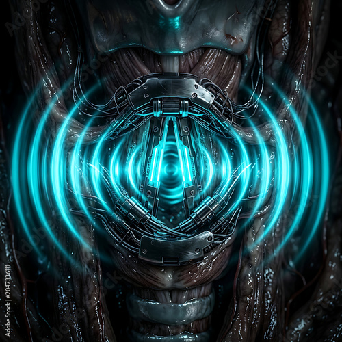 Sci-fi futuristic cyborg mouth with glowing blue sound waves
