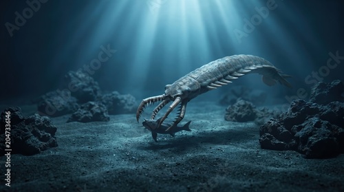 Prehistoric Cambrian Sea Predator Hunting Fish in Deep Ocean Floor Environment, Ancient Marine Arthropod Illustration for Paleontology and Evolution Concepts