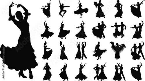 Quadro su tela Dance silhouette illustration with flowing dress, expressive solo dancer, ballro