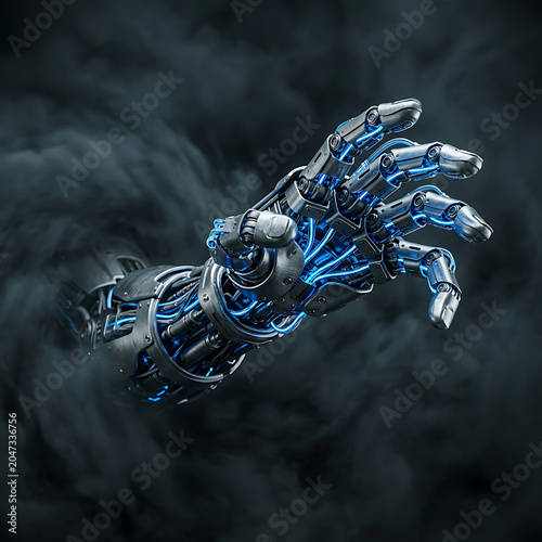 Robotic arm with glowing blue circuits emerging from dark smoky background