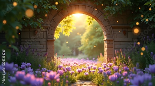 Enchanted Garden With Blooming Purple Flowers