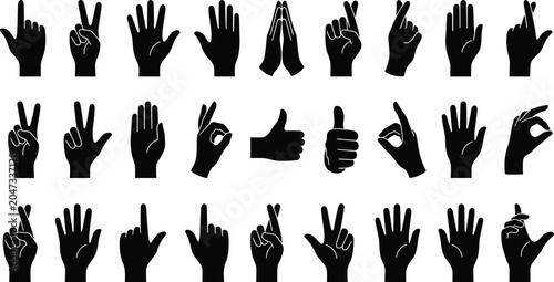 Fényképezés Hand gesture silhouette illustration with peace sign, thumbs up, praying hands,