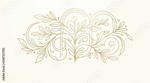 Art deco style gold botanical line art illustration with geometric arches