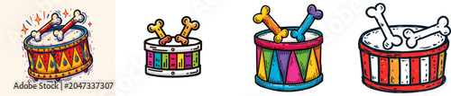 A whimsical, child-like illustration of a colorful drum with playful dog bone-shaped drumsticks, set against a solid white background, exudes vibrant cheerfulness and bold simplicity