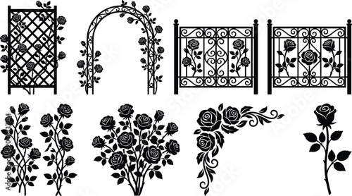 Schilderij op canvas Rose silhouette illustration with trellis, garden gate, wrought iron fence, flor