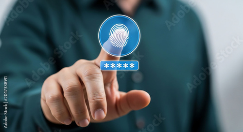 Digital Security: A person's finger is seen pressing a glowing fingerprint scanner icon to access a secure system, with a password field below, symbolizing advanced data protection and authentication.